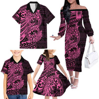 Pink Couple Dolphins Maori Polynesian Style Family Matching Off The Shoulder Long Sleeve Dress and Hawaiian Shirt LT9 - Polynesian Pride
