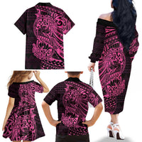 Pink Couple Dolphins Maori Polynesian Style Family Matching Off The Shoulder Long Sleeve Dress and Hawaiian Shirt LT9 - Polynesian Pride
