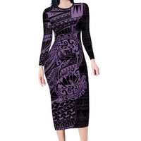 Purple Couple Dolphins Maori Polynesian Style Family Matching Long Sleeve Bodycon Dress and Hawaiian Shirt LT9 Mom's Dress Purple - Polynesian Pride