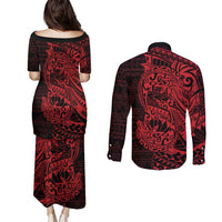Red Couple Dolphins Maori Polynesian Style Couples Matching Puletasi and Long Sleeve Button Shirt LT9 - Polynesian Pride
