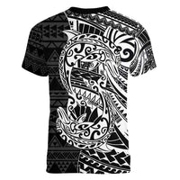 White Couple Dolphins Maori Polynesian Style Women V-Neck T-Shirt