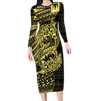 Yellow Couple Dolphins Maori Polynesian Style Family Matching Long Sleeve Bodycon Dress and Hawaiian Shirt LT9 Mom's Dress Yellow - Polynesian Pride
