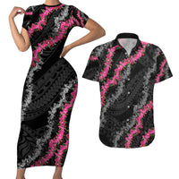 Guam Bougainvillea Lei Couples Matching Short Sleeve Bodycon Dress and Hawaiian Shirt Chamorro Tribal Pattern