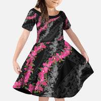 Guam Bougainvillea Lei Family Matching Short Sleeve Bodycon Dress and Hawaiian Shirt Chamorro Tribal Pattern LT9 Daughter's Dress Black - Polynesian Pride
