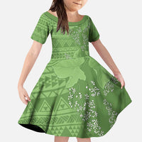 Hawaii Molokai Island Kukui Nut Flowers Family Matching Puletasi and Hawaiian Shirt Tribal Kakau Pattern LT9 Daughter's Dress Green - Polynesian Pride