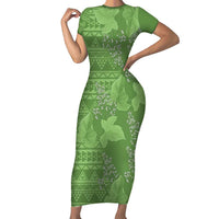 Hawaii Molokai Island Kukui Nut Flowers Family Matching Short Sleeve Bodycon Dress and Hawaiian Shirt Tribal Kakau Pattern LT9 Mom's Dress Green - Polynesian Pride