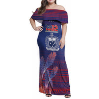 Custom Samoa 1962 Independence Day Custom Family Matching Off Shoulder Maxi Dress and Hawaiian Shirt Manuia le Aso Tuto'atasi Ula Nifo Blue Art LT9 Mom's Dress Blue - Polynesian Pride