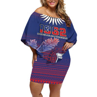 Custom Samoa 1962 Independence Day Custom Off Shoulder Short Dress Manuia le Aso Tuto'atasi Ula Nifo Blue Art LT9 Women Blue - Polynesian Pride