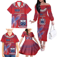 Custom Samoa 1962 Independence Day Custom Family Matching Off The Shoulder Long Sleeve Dress and Hawaiian Shirt Manuia le Aso Tuto'atasi Ula Nifo Red Art LT9 - Polynesian Pride
