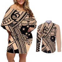 Custom Samoa Manuia le 62 Tausaga O le Tutoatasi Couples Matching Off Shoulder Short Dress and Long Sleeve Button Shirt Samoan Tatau Beige Art LT9 Beige - Polynesian Pride
