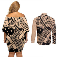 Custom Samoa Manuia le 62 Tausaga O le Tutoatasi Couples Matching Off Shoulder Short Dress and Long Sleeve Button Shirt Samoan Tatau Beige Art LT9 - Polynesian Pride