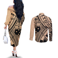 Custom Samoa Manuia le 62 Tausaga O le Tutoatasi Couples Matching Off The Shoulder Long Sleeve Dress and Long Sleeve Button Shirt Samoan Tatau Beige Art LT9 - Polynesian Pride