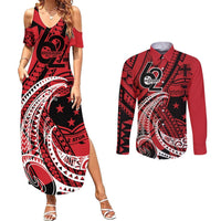 Custom Samoa Manuia le 62 Tausaga O le Tutoatasi Couples Matching Summer Maxi Dress and Long Sleeve Button Shirt Samoan Tatau Red Art LT9 Red - Polynesian Pride