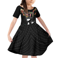 671 Guam Personalised Family Matching Off Shoulder Short Dress and Hawaiian Shirt Latte Stone and Tropical Flowers LT9 Daughter's Dress Black - Polynesian Pride