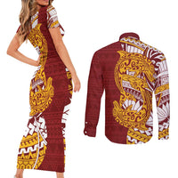 Couple Dolphins Maori Motif Couples Matching Short Sleeve Bodycon Dress and Long Sleeve Button Shirt - Polynesian Pride