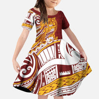 Couple Dolphins Maori Motif Family Matching Off The Shoulder Long Sleeve Dress and Hawaiian Shirt LT9 Daughter's Dress Burgundy - Polynesian Pride