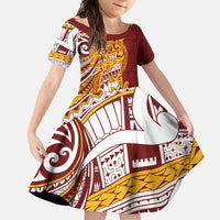 Couple Dolphins Maori Motif Family Matching Tank Maxi Dress and Hawaiian Shirt LT9 Daughter's Dress Burgundy - Polynesian Pride