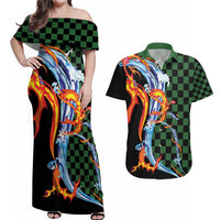 Japanese Asanoha Pattern Couples Matching Off Shoulder Maxi Dress and Hawaiian Shirt Sun Flame Slayer Dragon Hinokami Kagura Spirit LT9 Green - Polynesian Pride