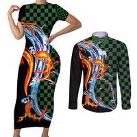 Japanese Asanoha Pattern Couples Matching Short Sleeve Bodycon Dress and Long Sleeve Button Shirt Sun Flame Slayer Dragon Hinokami Kagura Spirit LT9 Green - Polynesian Pride