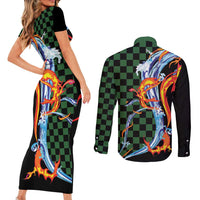 Japanese Asanoha Pattern Couples Matching Short Sleeve Bodycon Dress and Long Sleeve Button Shirt Sun Flame Slayer Dragon Hinokami Kagura Spirit LT9 - Polynesian Pride