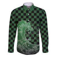 Japanese Asanoha Pattern Family Matching Off The Shoulder Long Sleeve Dress and Hawaiian Shirt Water Breathing Slayer Dragon LT9 Dad's Shirt - Long Sleeve Green - Polynesian Pride