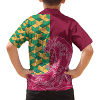 Japanese Bishamon-Kikkou Pattern Family Matching Off The Shoulder Long Sleeve Dress and Hawaiian Shirt Water Pillar Silent River Flow - Polynesian Pride