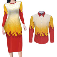 Japanese Kaen Pattern Couples Matching Long Sleeve Bodycon Dress and Long Sleeve Button Shirt Flame Pillar Blazing Lion Heart - Polynesian Pride