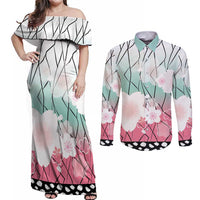 Japanese Kocho Pattern Couples Matching Off Shoulder Maxi Dress and Long Sleeve Button Shirt Insect Pillar Butterfly Flower Fairy - Polynesian Pride