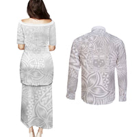 Personalised Samoa Lotu Tamait Couples Matching Puletasi Dress and Long Sleeve Button Shirts Tropical Plant White Sunday With Polynesia Pattern LT9 - Polynesian Pride