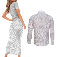 Personalised Samoa Lotu Tamait Couples Matching Short Sleeve Bodycon Dress and Long Sleeve Button Shirts Tropical Plant White Sunday With Polynesia Pattern LT9 - Polynesian Pride