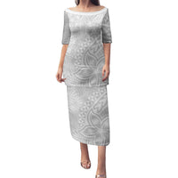 Personalised Tonga White Sunday Puletasi Tropical Plant With Polynesian Pattern LT9 Long Dress White - Polynesian Pride