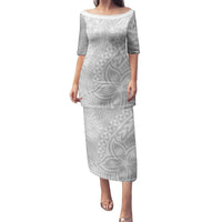 Personalised Tonga White Sunday Puletasi Tropical Plant With Polynesian Pattern LT9 Long Dress White - Polynesian Pride