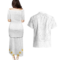 Tonga White Sunday Couples Matching Puletasi Dress and Hawaiian Shirt Polynesian Plumeria Tribal Simple LT9 - Polynesian Pride