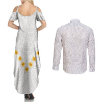 Tonga White Sunday Couples Matching Summer Maxi Dress and Long Sleeve Button Shirts Polynesian Plumeria Tribal Simple LT9 - Polynesian Pride