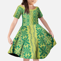 Hawaii Lei with Tribal Quilt Motif Family Matching Long Sleeve Bodycon Dress and Hawaiian Shirt LT9 Daughter's Dress Green - Polynesian Pride