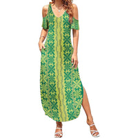 Hawaii Lei with Tribal Quilt Motif Family Matching Summer Maxi Dress and Hawaiian Shirt LT9 Mom's Dress Green - Polynesian Pride