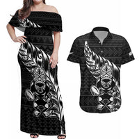 New Zealand Rugby Warrior Custom Couples Matching Off Shoulder Maxi Dress and Hawaiian Shirt Black Fern Taniko Motif LT9 Black - Polynesian Pride