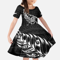 New Zealand Rugby Warrior Custom Family Matching Off The Shoulder Long Sleeve Dress and Hawaiian Shirt Black Fern Taniko Motif LT9 Daughter's Dress Black - Polynesian Pride