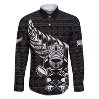 New Zealand Rugby Warrior Custom Family Matching Off The Shoulder Long Sleeve Dress and Hawaiian Shirt Black Fern Taniko Motif LT9 Dad's Shirt - Long Sleeve Black - Polynesian Pride