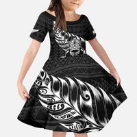New Zealand Rugby Warrior Custom Family Matching Puletasi and Hawaiian Shirt Black Fern Taniko Motif LT9 Daughter's Dress Black - Polynesian Pride