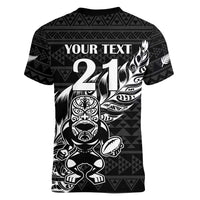 New Zealand Rugby Warrior Custom Women V-Neck T-Shirt Black Fern Taniko Motif LT9 - Polynesian Pride