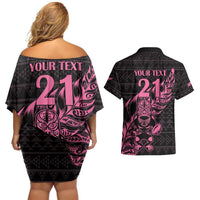 New Zealand Rugby Warrior Custom Couples Matching Off Shoulder Short Dress and Hawaiian Shirt Pink Fern Taniko Motif LT9 - Polynesian Pride