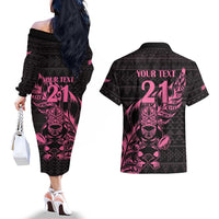 New Zealand Rugby Warrior Custom Couples Matching Off The Shoulder Long Sleeve Dress and Hawaiian Shirt Pink Fern Taniko Motif LT9 - Polynesian Pride