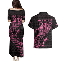 New Zealand Rugby Warrior Custom Couples Matching Puletasi and Hawaiian Shirt Pink Fern Taniko Motif LT9 - Polynesian Pride