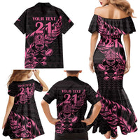 New Zealand Rugby Warrior Custom Family Matching Mermaid Dress and Hawaiian Shirt Pink Fern Taniko Motif LT9 - Polynesian Pride