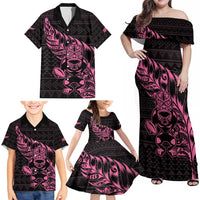 New Zealand Rugby Warrior Custom Family Matching Off Shoulder Maxi Dress and Hawaiian Shirt Pink Fern Taniko Motif LT9 - Polynesian Pride