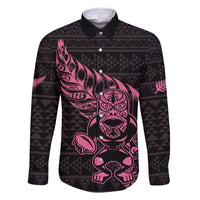New Zealand Rugby Warrior Custom Family Matching Off Shoulder Maxi Dress and Hawaiian Shirt Pink Fern Taniko Motif LT9 Dad's Shirt - Long Sleeve Pink - Polynesian Pride
