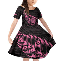 New Zealand Rugby Warrior Custom Family Matching Off Shoulder Short Dress and Hawaiian Shirt Pink Fern Taniko Motif LT9 Daughter's Dress Pink - Polynesian Pride