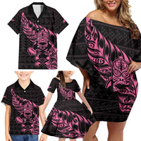 New Zealand Rugby Warrior Custom Family Matching Off Shoulder Short Dress and Hawaiian Shirt Pink Fern Taniko Motif LT9 - Polynesian Pride