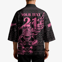 New Zealand Rugby Warrior Custom Kimono Pink Fern Taniko Motif - Polynesian Pride